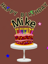 Happy Birthday Mike GIF: Animated birthday gif of a chocolate cartoon cake and stars. Animated text can be customized with name.
