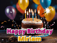 Happy Birthday Miriam GIF: A birthday cake with flickering candles gif with text reading Happy Birthday and a Name slot to customize