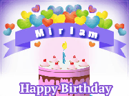 Happy Birthday Miriam GIF: Hearts and stars animated birthday gif with a birthday and birthday banner text you can customize with name.
