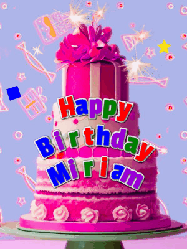Happy Birthday Miriam GIF: A big beautiful birthday cake gif with falling confetti, sparklers, and balloons, reads Happy Birthday Name. Customize it.