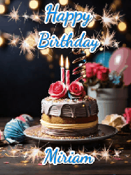 Happy Birthday Miriam GIF: Sparkles and glitter happy birthday gif with a cake and flickering candles and sparklers behind the words happy birthday customize