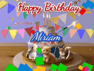 Happy Birthday Miriam GIF: Happy Birthday Cake GIF with a cat, lamb, and squirrel on the cake with flickering candles, a sparkler, and falling confetti. Reads Happy Birthday Name and you can customize the name