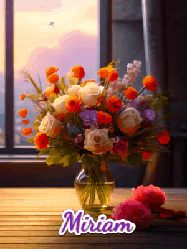 Happy Birthday Miriam GIF: A vase of flowers and animated hearts pop in and out as the words Happy Birthday Name appears that you can customize