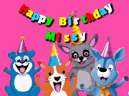 Happy Birthday Missy GIF: Four cute cartoon animal friends excited to be on this happy birthday gif that's ready to customize.