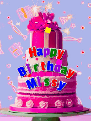 Happy Birthday Missy GIF: A big beautiful birthday cake gif with falling confetti, sparklers, and balloons, reads Happy Birthday Name. Customize it.