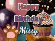 Happy Birthday Missy GIF: Cute Kitten Birthday Cupcake GIF with a cupcake raised by a cats head, then it pulls down text reading Happy Birthday Name