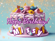 Happy Birthday Missy GIF: A beautiful birthday cake gif with animated sparkles and glitter Happy Birthday Name you can customize