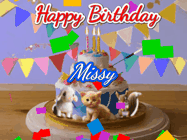 Happy Birthday Missy GIF: Happy Birthday Cake GIF with a cat, lamb, and squirrel on the cake with flickering candles, a sparkler, and falling confetti. Reads Happy Birthday Name and you can customize the name