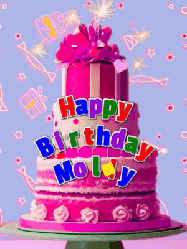 Happy Birthday Molly GIF: A big beautiful birthday cake gif with falling confetti, sparklers, and balloons, reads Happy Birthday Name. Customize it.