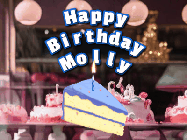 Happy Birthday Molly GIF: A cake shop background with a slice of cake and animated candle reading Happy Birthday Customize.