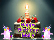 Happy Birthday Molly GIF: An animated gif with 2 unicorns and a birthday candle on a cake.