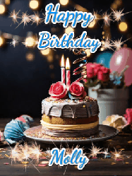 Happy Birthday Molly GIF: Sparkles and glitter happy birthday gif with a cake and flickering candles and sparklers behind the words happy birthday customize