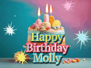 Happy Birthday Molly GIF: A colorful animated Happy Birthday Cake GIF with swirling sparkles and flickering candles. It reads Happy Birthday Name