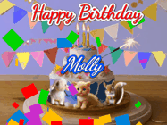 Happy Birthday Molly GIF: Happy Birthday Cake GIF with a cat, lamb, and squirrel on the cake with flickering candles, a sparkler, and falling confetti. Reads Happy Birthday Name and you can customize the name