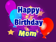 Happy Birthday Mom GIF: A lovely purple birthday gif animated with moving text, a balloon, and bubbles. Customize it.