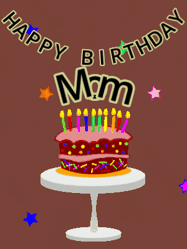 Happy Birthday Mom GIF: Animated birthday gif of a chocolate cartoon cake and stars. Animated text can be customized with name.