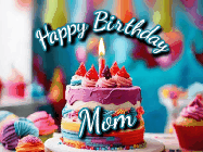 Happy Birthday Mom GIF: Animated Happy Birthday Gif reading Happy Birthday Customize. Depicts a colorful birthday with flickering candles and glitter.