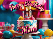 Happy Birthday Mom GIF: Animated birthday gif with a beautiful colorful birthday can and sparkles in the air. It reads Happy Birthday Customize.