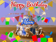 Happy Birthday Mom GIF: Happy Birthday Cake GIF with a cat, lamb, and squirrel on the cake with flickering candles, a sparkler, and falling confetti. Reads Happy Birthday Name and you can customize the name
