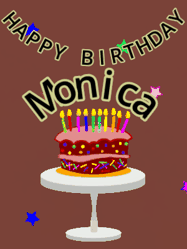 Happy Birthday Monica GIF: Animated birthday gif of a chocolate cartoon cake and stars. Animated text can be customized with name.