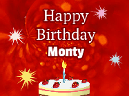 Happy Birthday Monty GIF: A bright red happy birthday gif animated with a cake candle, and glitter and sparkles. Customize with name.