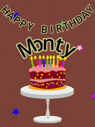 Happy Birthday Monty GIF: Animated birthday gif of a chocolate cartoon cake and stars. Animated text can be customized with name.