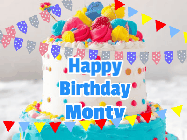 Happy Birthday Monty GIF: A birthday cake animated gif with bursting confetti, animated text to customize, on a bright banner background.