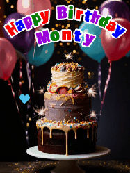 Happy Birthday Monty GIF: Beautiful birthday cake animated gif, a celebration of balloons, confetti, and sparklers. Customize banner and name.