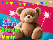 Happy Birthday Monty GIF: A cute birthday teddy bear animated birthday gif with the bear holding sparklers and text to customize.