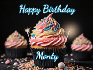 Happy Birthday Monty GIF: A delicious cupcake gif with animated sparkles reading Happy Birthday with a name to customize