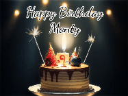 Happy Birthday Monty GIF: Animated birthday cake gif with sparklers on a dark background. Personalize up to 3 lines of text.