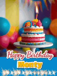 Happy Birthday Monty GIF: A birthday card gif with a cake and candle and a blue ribbon with animated sparklers. Reads Happy Birthday Name