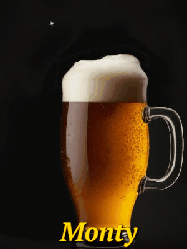 Happy Birthday Monty GIF: Animated birthday beer gif with a sparkling frosty mug of brew and three lines of text to customize.