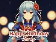 Happy Birthday Monty GIF: Anime girl holding a birthday cake and an animated sword falls into it. Text reads Happy Birthday Customize