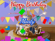 Happy Birthday Monty GIF: Happy Birthday Cake GIF with a cat, lamb, and squirrel on the cake with flickering candles, a sparkler, and falling confetti. Reads Happy Birthday Name and you can customize the name