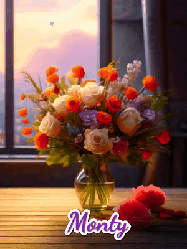 Happy Birthday Monty GIF: A vase of flowers and animated hearts pop in and out as the words Happy Birthday Name appears that you can customize
