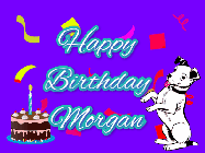 Happy Birthday Morgan GIF: Silly happy birthday gif with a cute dog in a corner and rainbow animation confetti. Birthday cake in order with candle.