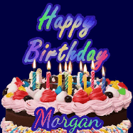 Happy Birthday Morgan GIF: A dark blue birthday gif with a beautiful cake with flickering candles, background sparkles and a name to customize.