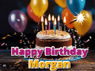 Happy Birthday Morgan GIF: A birthday cake with flickering candles gif with text reading Happy Birthday and a Name slot to customize