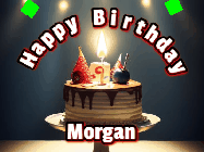 Happy Birthday Morgan GIF: Animated happy birthday gif with a cake and flickering candles with colorful falling confetti and text reading Happy Birthday