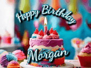 Happy Birthday Morgan GIF: Animated Happy Birthday Gif reading Happy Birthday Customize. Depicts a colorful birthday with flickering candles and glitter.