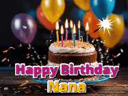 Happy Birthday Nana GIF: A birthday cake with flickering candles gif with text reading Happy Birthday and a Name slot to customize