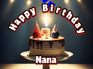 Happy Birthday Nana GIF: Animated happy birthday gif with a cake and flickering candles with colorful falling confetti and text reading Happy Birthday