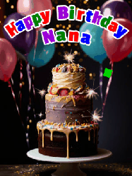 Happy Birthday Nana GIF: Beautiful birthday cake animated gif, a celebration of balloons, confetti, and sparklers. Customize banner and name.