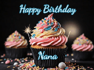 Happy Birthday Nana GIF: A delicious cupcake gif with animated sparkles reading Happy Birthday with a name to customize