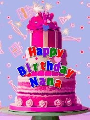 Happy Birthday Nana GIF: A big beautiful birthday cake gif with falling confetti, sparklers, and balloons, reads Happy Birthday Name. Customize it.