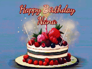 Happy Birthday Nana GIF: Animated GIF of a birthday cake covered in berries with 2 sparklers and a candle, reads Happy Birthday Name. Customize it.