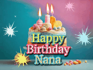 Happy Birthday Nana GIF: A colorful animated Happy Birthday Cake GIF with swirling sparkles and flickering candles. It reads Happy Birthday Name