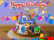 Happy Birthday Naomi GIF: Happy Birthday Cake GIF with a cat, lamb, and squirrel on the cake with flickering candles, a sparkler, and falling confetti. Reads Happy Birthday Name and you can customize the name