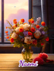Happy Birthday Naomi GIF: A vase of flowers and animated hearts pop in and out as the words Happy Birthday Name appears that you can customize